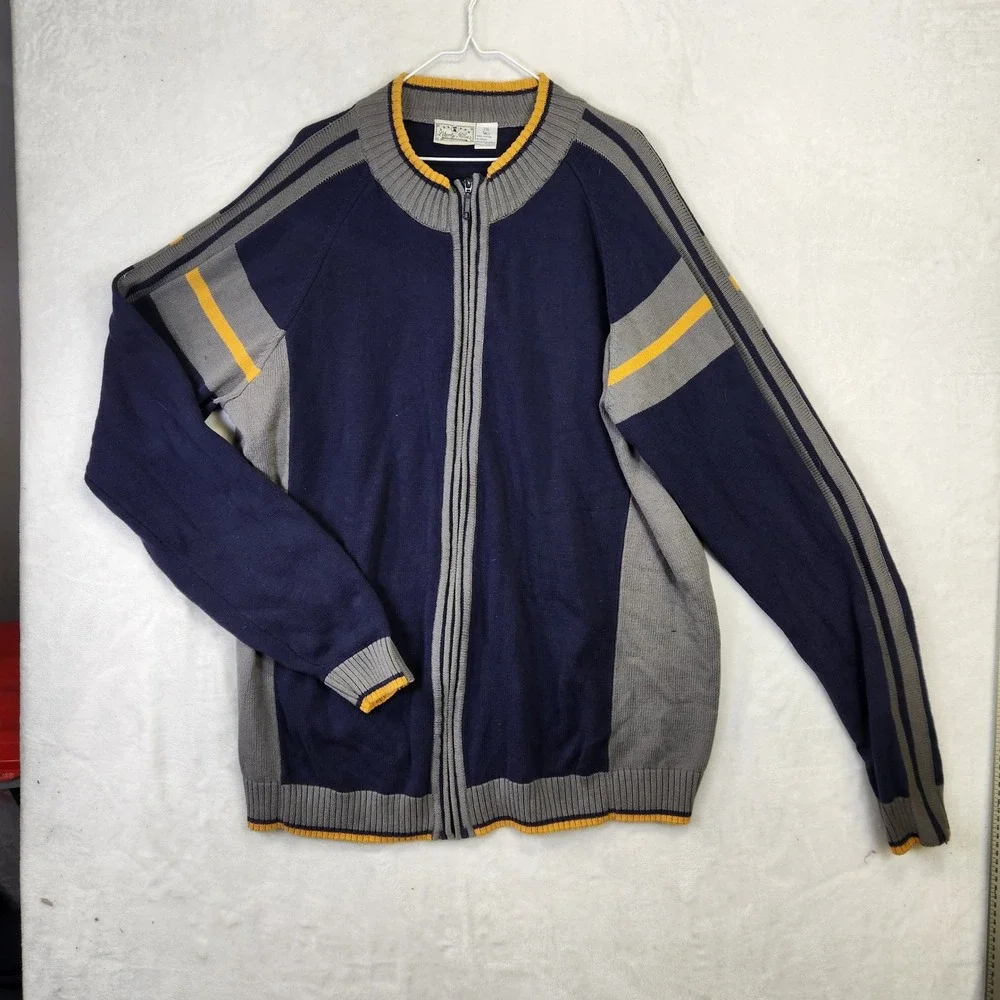 Liberty Blues Mens 2XL Tall Full Zip Knit‎ Sweater Navy Blue Grey Yellow Striped